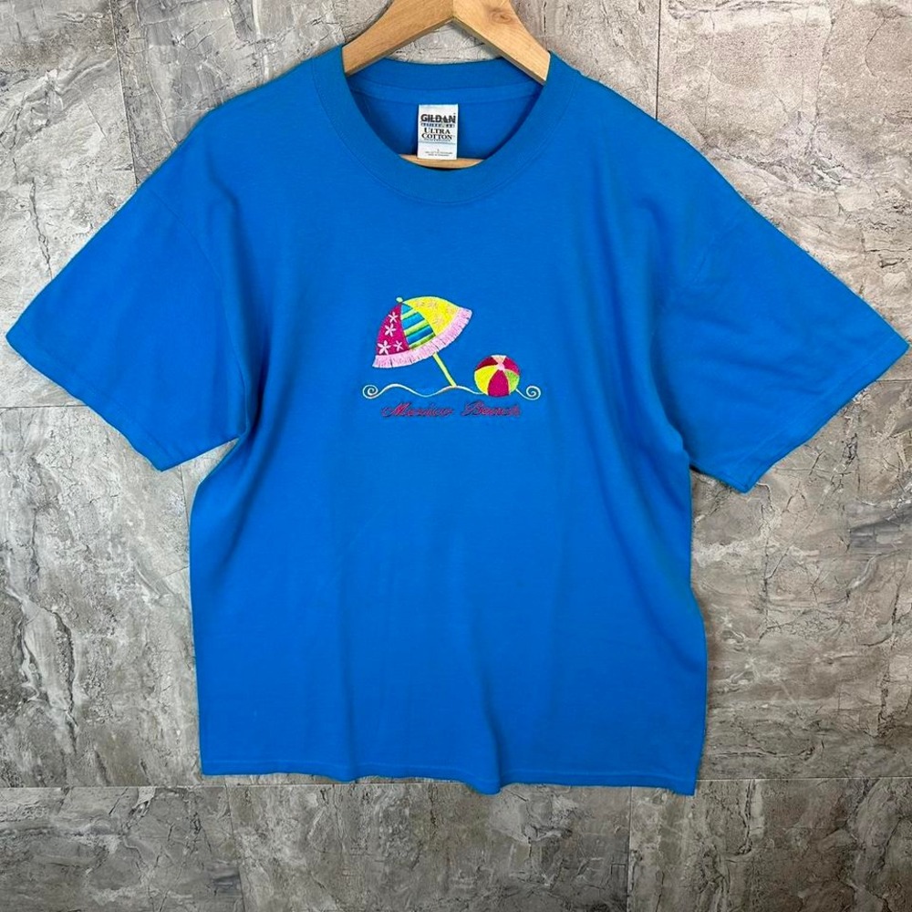Blue vintage beach umbrella‎ t-shirt embroidered Mexico beach men's large
